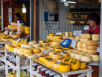 Cheese stall, market, Mercado Angelmo, Puerto Montt, Chile, South America