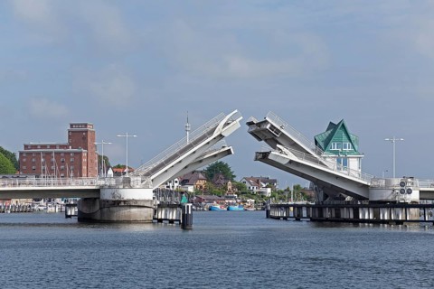 Half-open bascule bridge, Kappeln, Schlei, Schleswig-Holstein, Germany, Europe