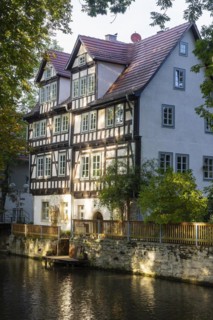 Houses on the Kreuzsand, Gera River, Erfurt, Thuringia, Germany, Europe