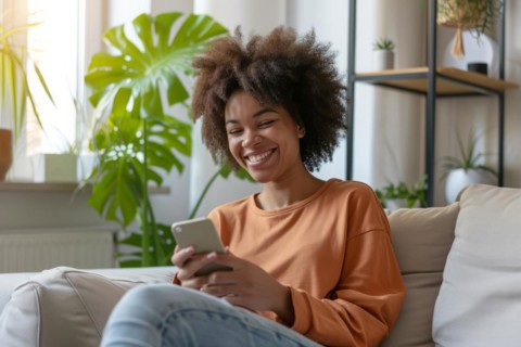 Younge black happy girl playing on smartphone apps, betting money online and shopping online, AI