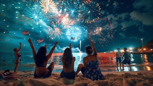 Friends and family enjoying the summer holiday fireworks on the beach. generative AI, AI generated