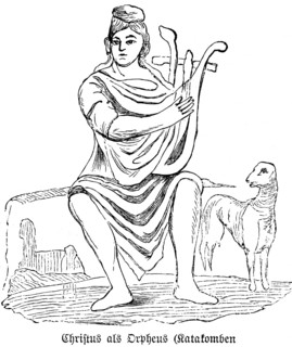 Christ as Orpheus, catacombs, harp, sheep, historical illustration 1880