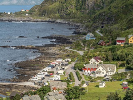 Camper vans on Goksoyr camping site, at the outer coast of island Runde, Runde island, Norway,