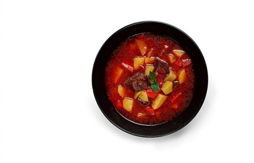 Meat goulash, with potatoes and carrots, sweet pepper, traditional Hungarian soup, homemade, no