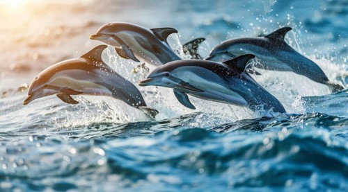 Playful dolphins are leaping and jumping out of the water in a blue ocean, AI generated