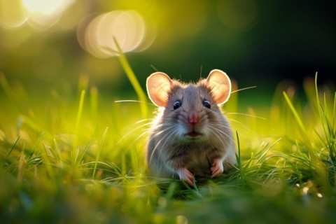 Cute mouse with large ears, exploring the vibrant green grass on a sunny day, AI generated