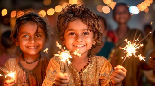 Cute Indian children celebrating with fun sparklers. generative AI, AI generated