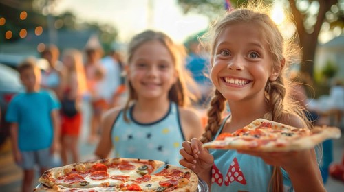 Cute girls celebrating with friends and family outdoors with pizza. generatvie AI, AI generated