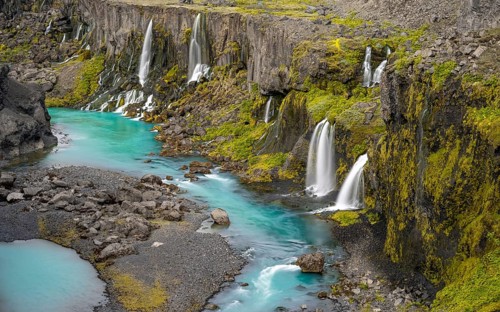 Waterfalls and a turquoise blue river flowing through a canyon, Sigöldugljúfur, long exposure,