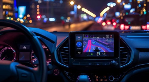 Smart navigation technology. GPS system on the dashboard, AI generated