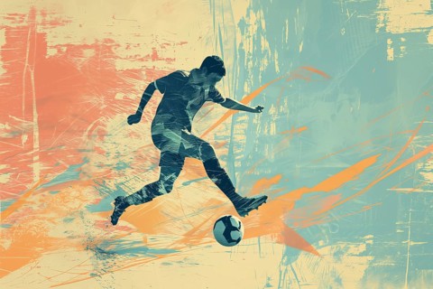 A soccer player dribbles and kicks a soccer ball. Abstract vintage grungy poster style with muted