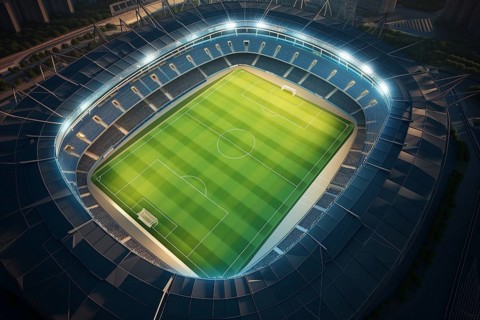 Aerial bird eye top view of a soccer football field stadium in night, AI generated