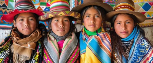 Smiling native indigenous people of Bolivia and South America, dressed in colorful native clothes,
