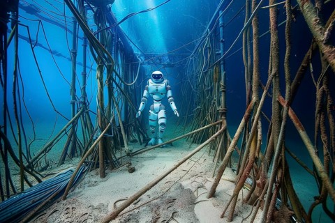 Futuristic humanoid robot inspecting a shipwreck underwater, AI generated