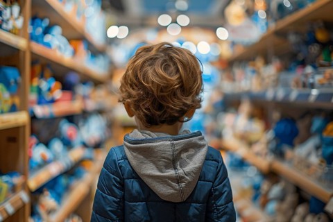 Back view of male boy child in toy shop full of stereotypical blue toys. Generative Ai, AI