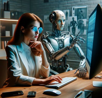 A robot in human form, a humanoid robot, works together with a woman on the monitor of a computer,