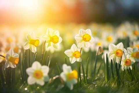 White and yellow Daffodil flowers in grass with sunshine. KI generiert, generiert AI generated