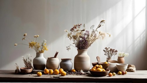 Still life scene of a simple wooden table with a vase of dried flowers, a few ceramic bowls, and