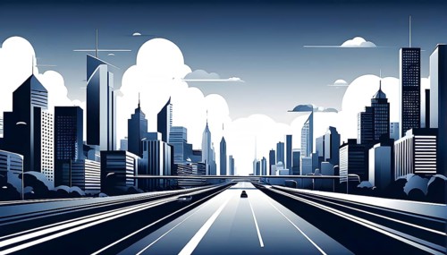 Modern city skyline using clean lines and geometric forms, with rectangular buildings and smooth,