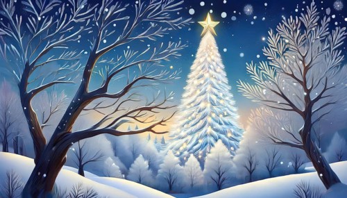 Illustration of a Christmas tree in a snowy winter landscape at night, AI-generated image, AI