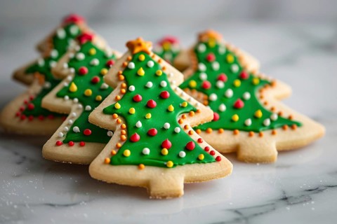 Cute christmas tree cookies with colorful icing. Generative Ai, AI generated