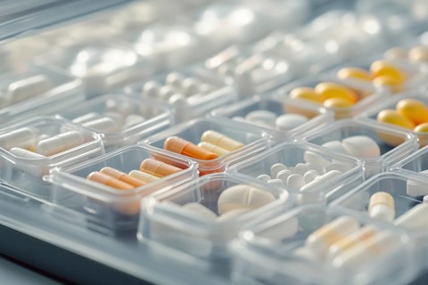 Boxes with many different medical pills in hospital. Generative Ai, AI generated