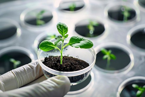 Small plant seedling in research lab. Concept for biotechnology and genetic modification. KI