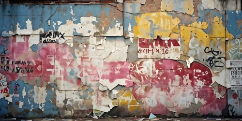 Grunge ripped torn placard posters background in white, pink, blue and yellow colors, AI generated