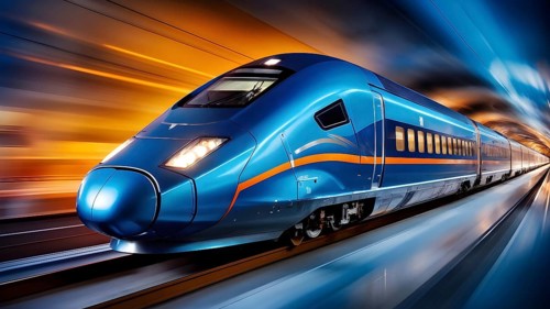 High speed train with an aerodynamic nose modeled after the beak of a kingfisher, AI generated