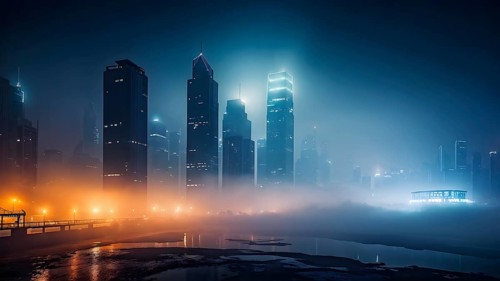 Cityscape emerging from a dense enveloping fog and skyscrapers piercing the haze, AI generated