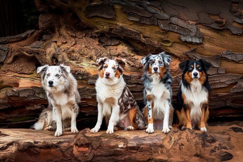 Young Australian shepherd dogs seated on tree trunk, AI generated