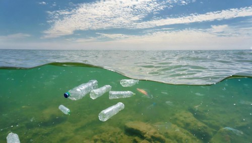 Symbolism, waste problem, empty plastic bottles floating on the sea, AI-generated, AI-generated, AI