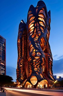 Futuristic skyscraper with termite mounds for natural ventilation and energy efficiency, AI