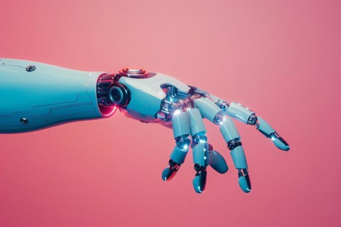 Artificial intelligence robot hand on pink background. KI generiert, generiert, AI generated