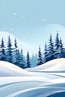 Abstract winter wonderland with minimalist stylized pine trees and snowdrifts using soft pastel