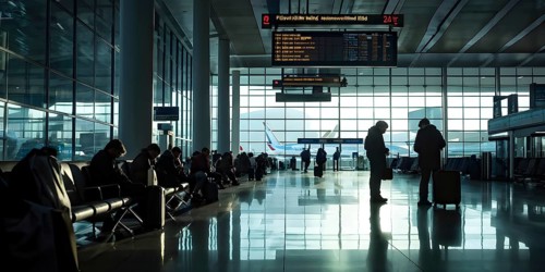 Airport gate with a crowd of waiting passengers, AI generated