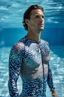 Male athlete in an innovative swimsuit emulating shark skins textures, AI generated