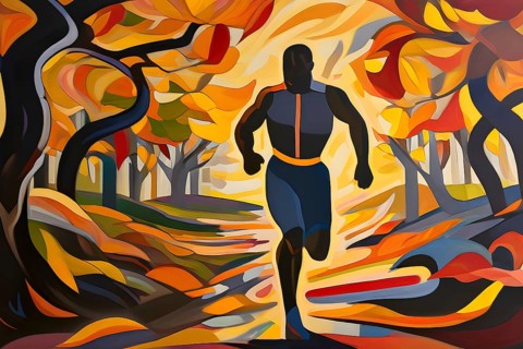 Wallpaper illustration of a jogger running through a park in vibrant autumn colors, AI generated