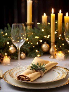 Beautifully decorated Christmas table setting with a golden napkin ring, sparkling cutlery, and a