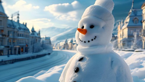 Snowman in an idylic winter urban scenery, snow-covered streets and buildings in background,