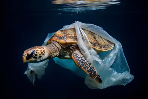 Plastic pollution of ocean concept with sea turted caught in plastic bag. KI generiert, generiert