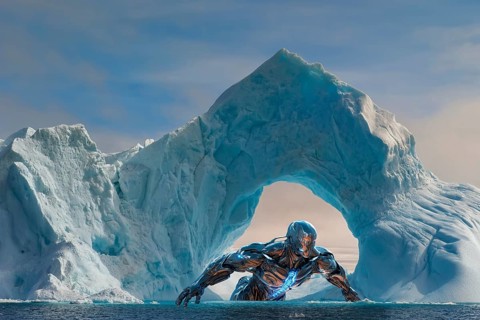Humanoid cyborg springing out of the water in front of a melting Antarctic iceberg, AI generated