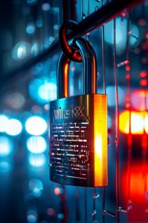 AI generated broken digital padlock shattered on a reflective dark surface strewn with traces of