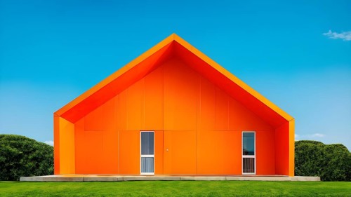 AI generated vibrant tangerine hued paper house in front of blue sky
