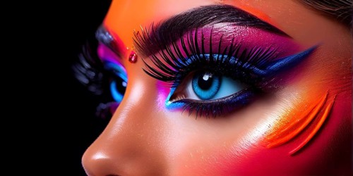 Close up portrait of an intricate eye makeup with vividly colored eyelids, AI generated