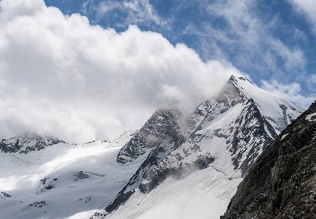 Mountain landscape of rock and ice, glaciated mountain peak Großer Möseler, glacier Waxeggkees,