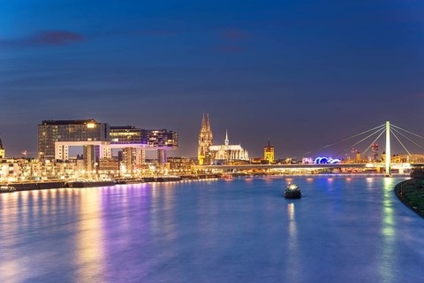 Panorama from the south bridge, Rheinauhafen harbour with crane houses, cathedral and