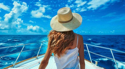 Young beautiful lady in a hat standing on yacht during luxury cruise and looking at azure ocean, AI