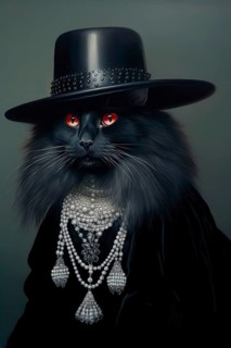 Black long-haired Angora Cat dressed in a sumptuous black attire and wearing a hat, AI generated