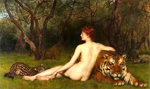 A naked woman sits relaxed next to a tiger in a green forest landscape. Circe, Zirce or Kirke, a